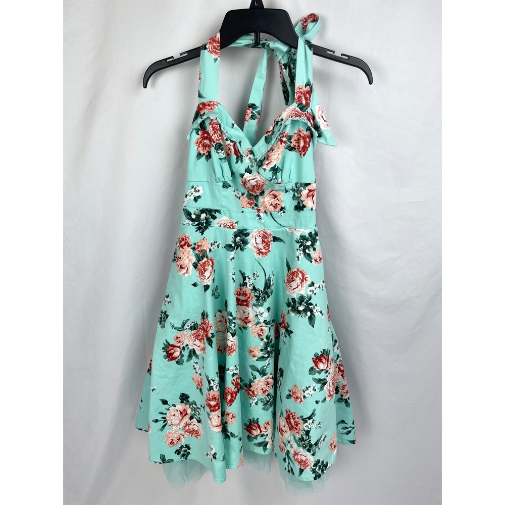 Hot Topic Swing Dress Small Blue Floral Halter Lined Tulle Retro Pin Up